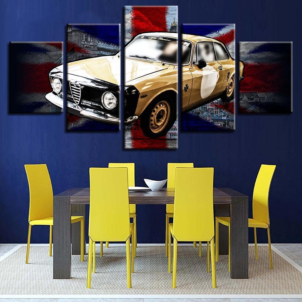 British Flag And Yellow Car 5 Piece HD Multi Panel Canvas Wall Art Frame-Original Frame