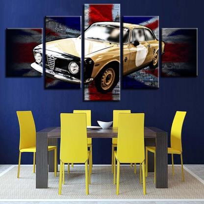British Flag And Yellow Car 5 Piece HD Multi Panel Canvas Wall Art Frame-Original Frame