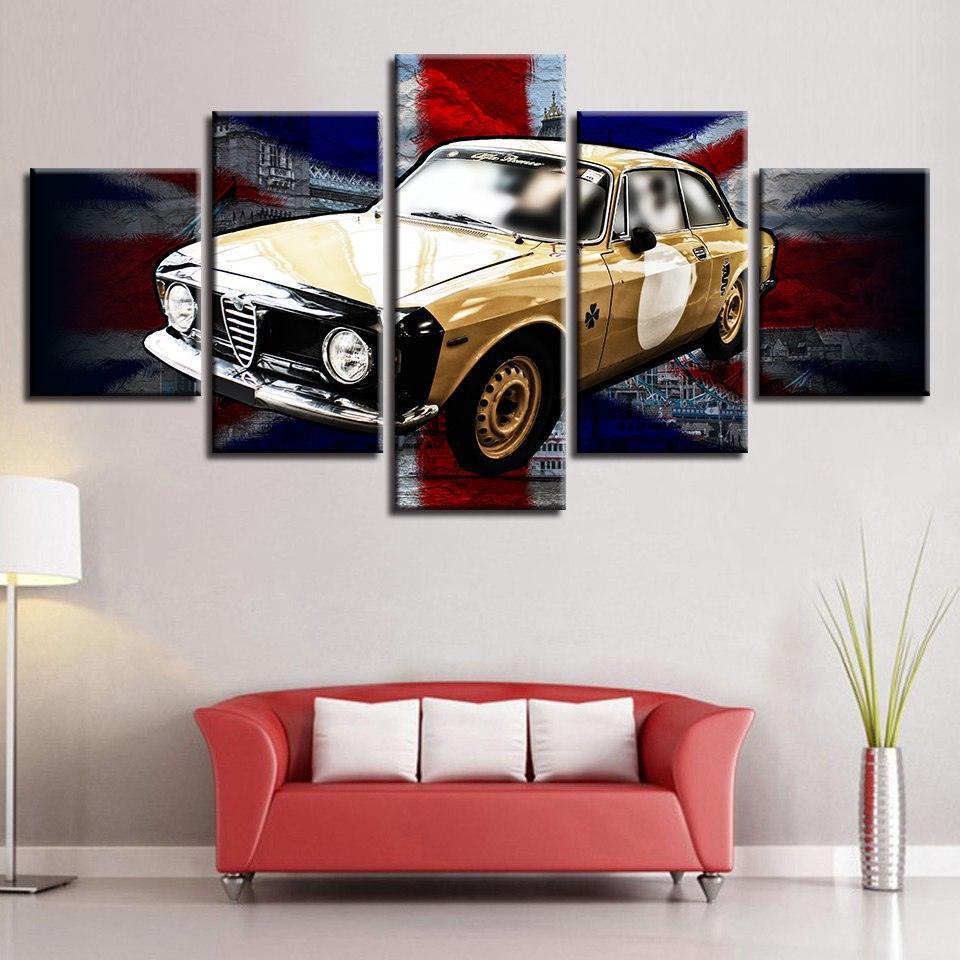 British Flag And Yellow Car 5 Piece HD Multi Panel Canvas Wall Art Frame-Original Frame