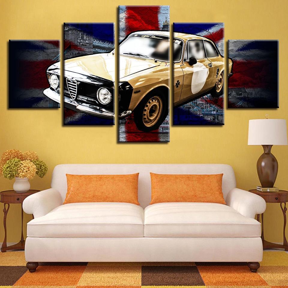 British Flag And Yellow Car 5 Piece HD Multi Panel Canvas Wall Art Frame-Original Frame