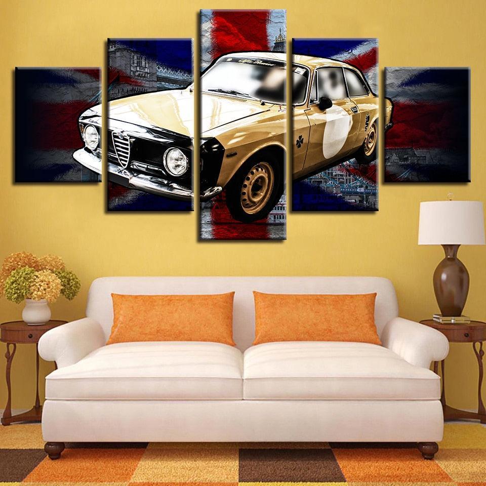 British Flag And Yellow Car 5 Piece HD Multi Panel Canvas Wall Art Frame-Original Frame