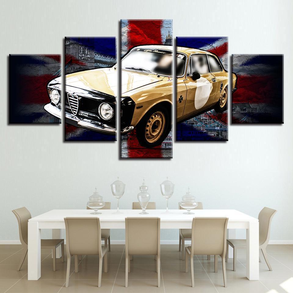 British Flag And Yellow Car 5 Piece HD Multi Panel Canvas Wall Art Frame-Original Frame