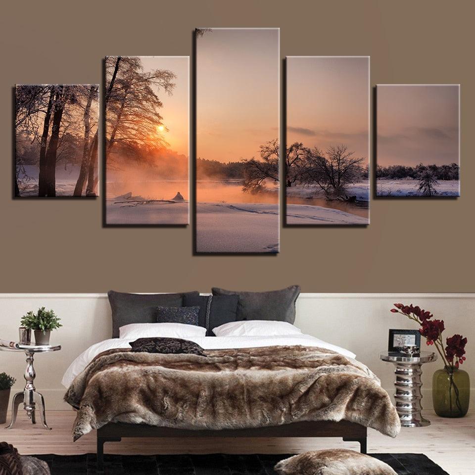 Winter Snow Sunrise 5 Piece HD Multi Panel Canvas Wall Art Frame-Original Frame