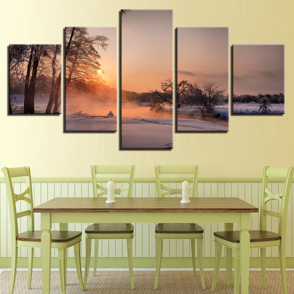 Winter Snow Sunrise 5 Piece HD Multi Panel Canvas Wall Art Frame-Original Frame