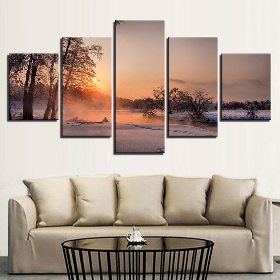 Winter Snow Sunrise 5 Piece HD Multi Panel Canvas Wall Art Frame-Original Frame