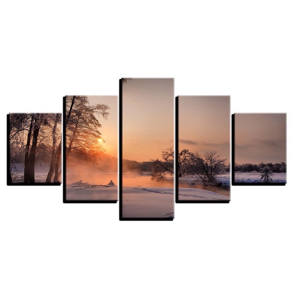 Winter Snow Sunrise 5 Piece HD Multi Panel Canvas Wall Art Frame-Original Frame