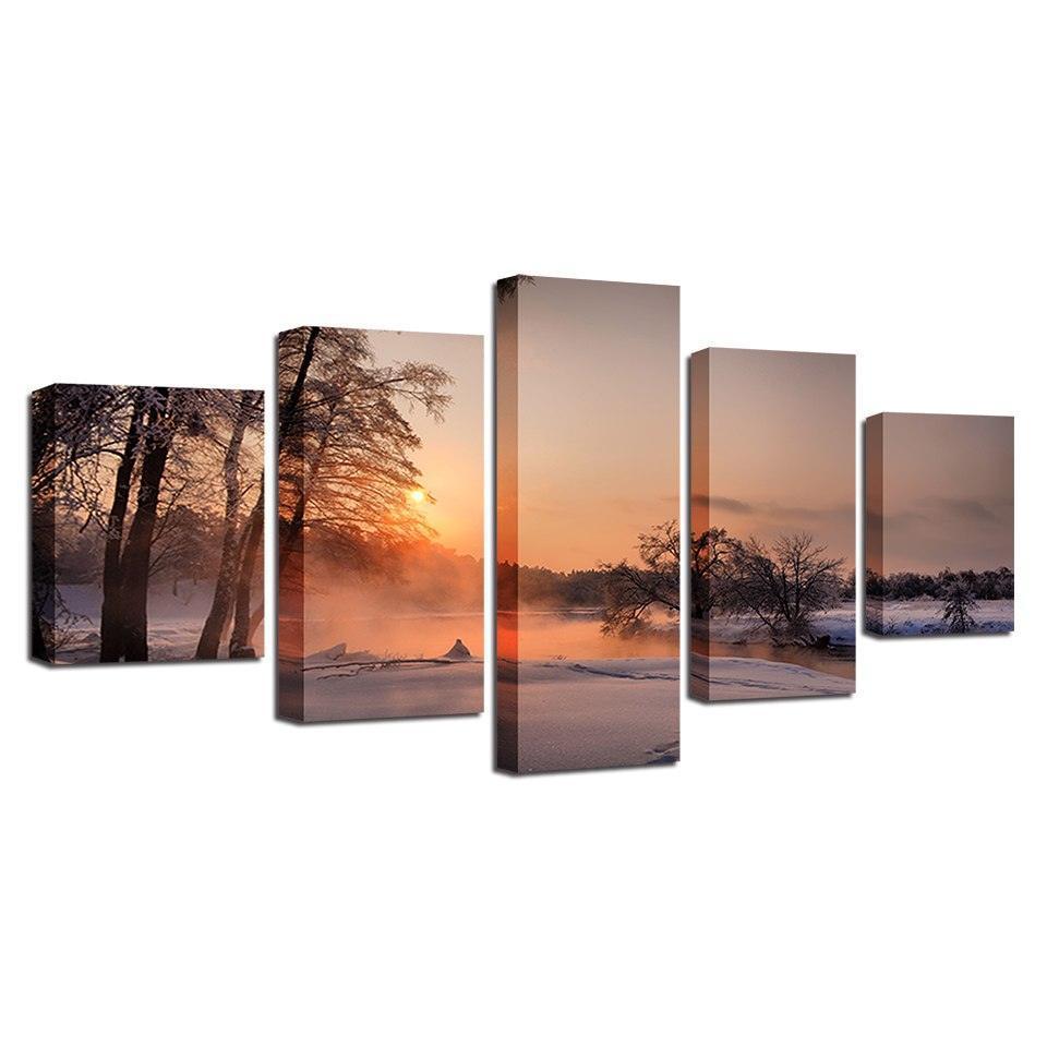 Winter Snow Sunrise 5 Piece HD Multi Panel Canvas Wall Art Frame-Original Frame