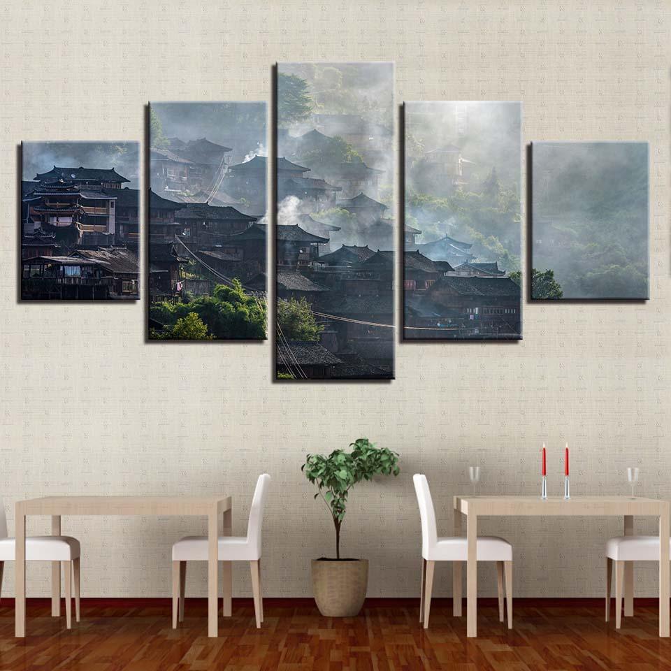Retro Building Towers 5 Piece HD Multi Panel Canvas Wall Art Frame-Original Frame