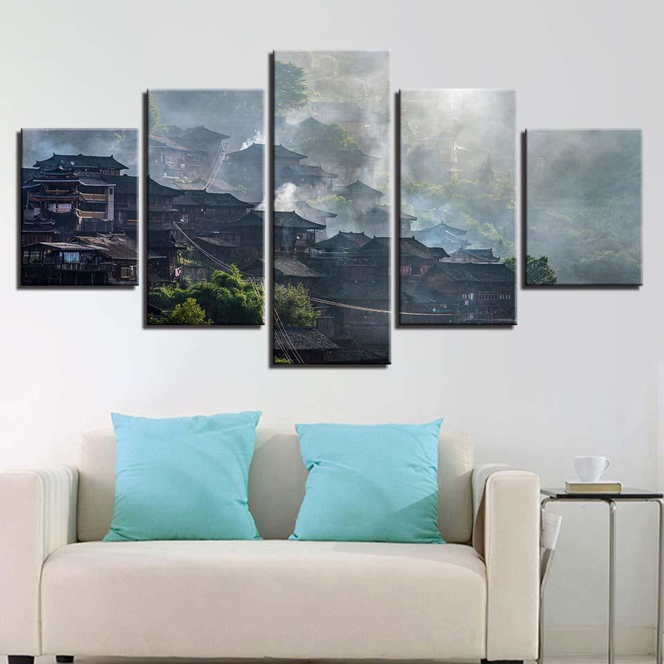 Retro Building Towers 5 Piece HD Multi Panel Canvas Wall Art Frame-Original Frame