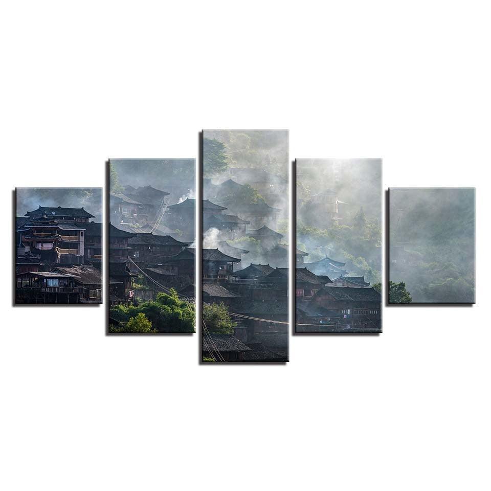 Retro Building Towers 5 Piece HD Multi Panel Canvas Wall Art Frame-Original Frame