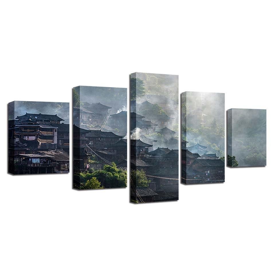 Retro Building Towers 5 Piece HD Multi Panel Canvas Wall Art Frame-Original Frame