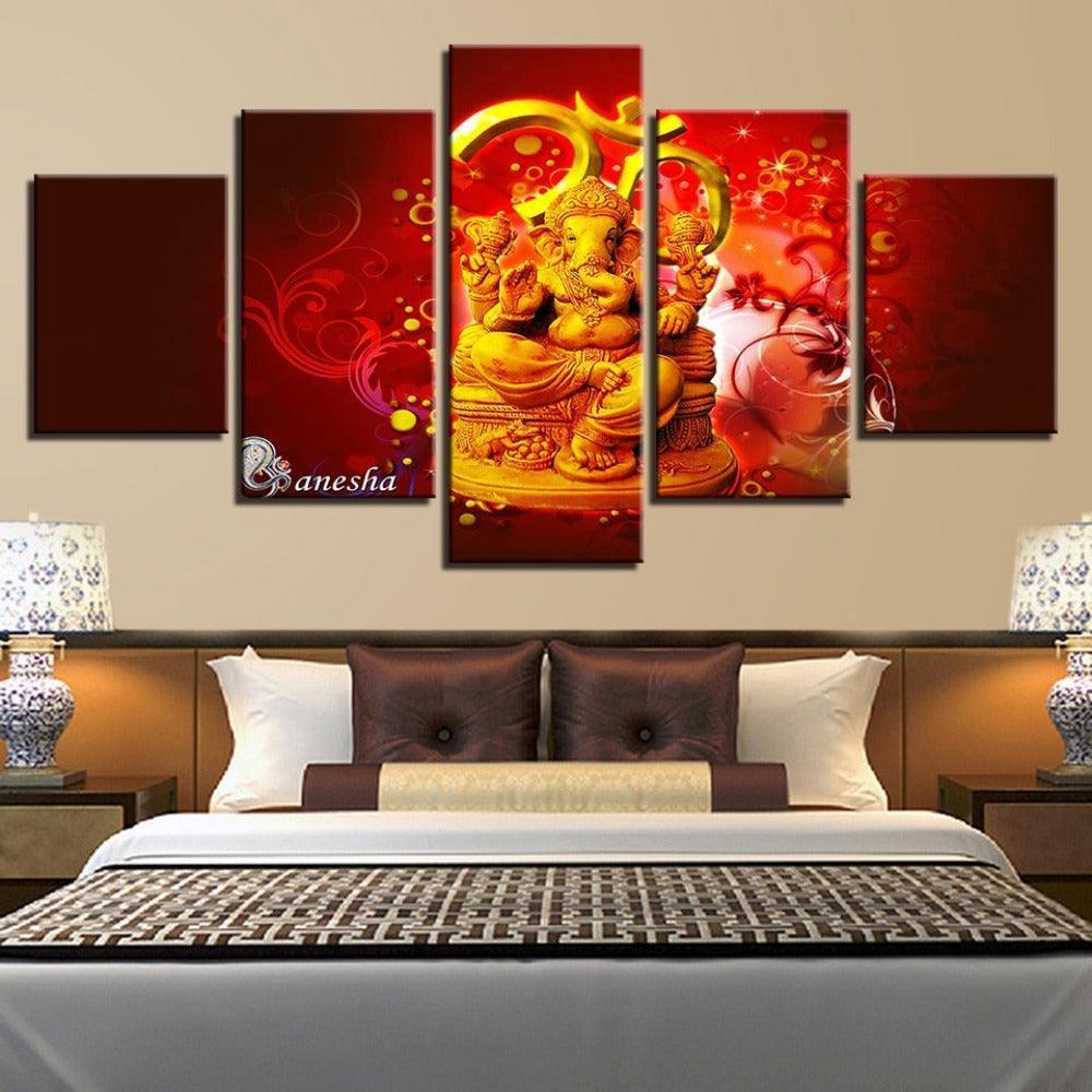Hindu God Ganesha 5 Piece HD Multi Panel Canvas Wall Art Frame-Original Frame