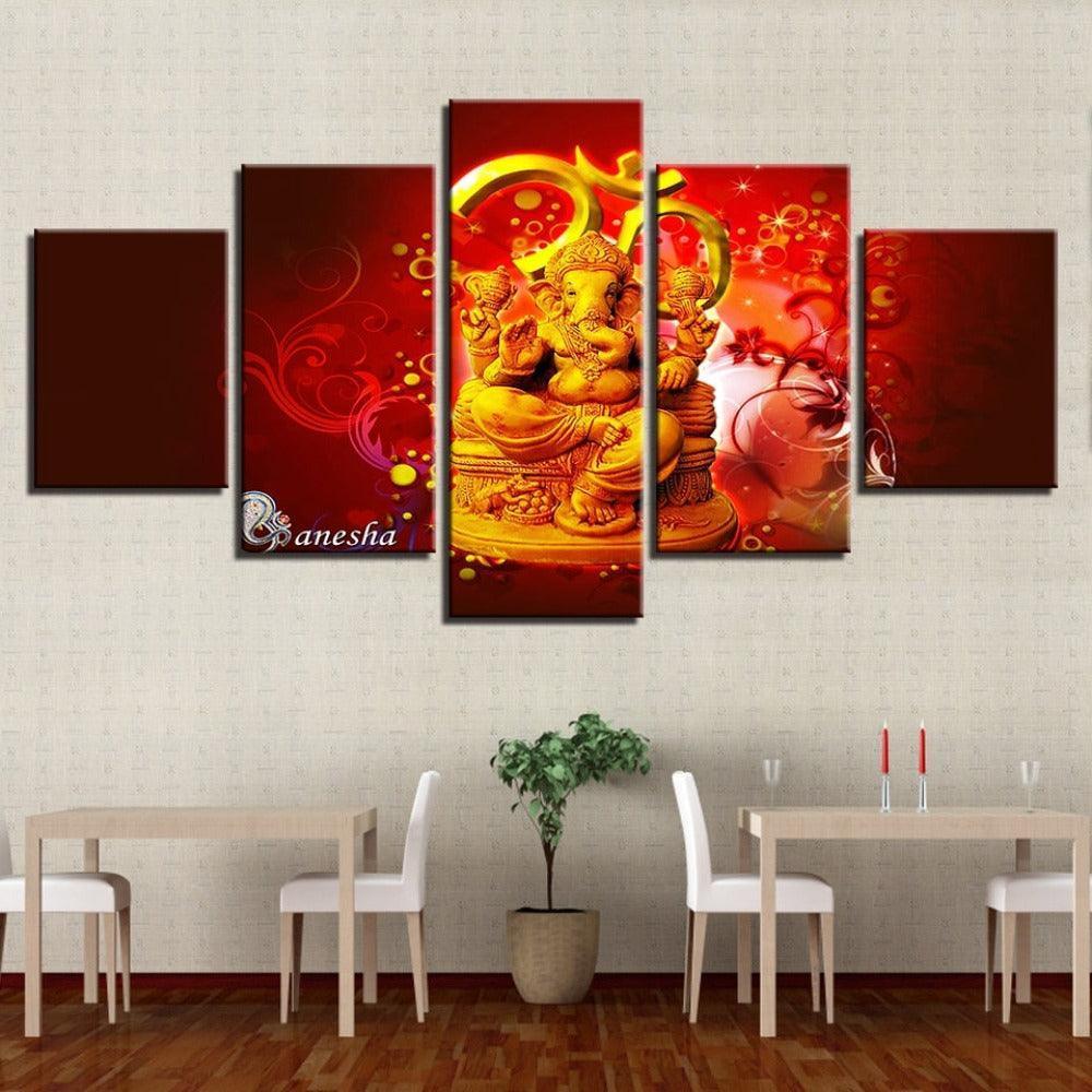 Hindu God Ganesha 5 Piece HD Multi Panel Canvas Wall Art Frame-Original Frame