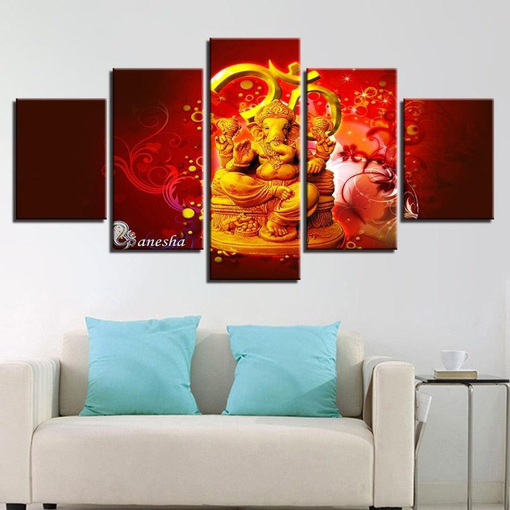 Hindu God Ganesha 5 Piece HD Multi Panel Canvas Wall Art Frame-Original Frame
