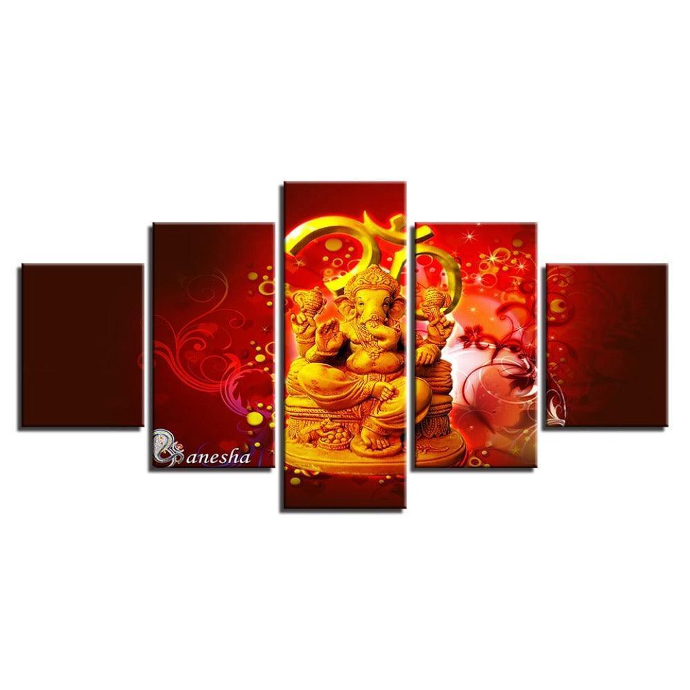 Hindu God Ganesha 5 Piece HD Multi Panel Canvas Wall Art Frame-Original Frame