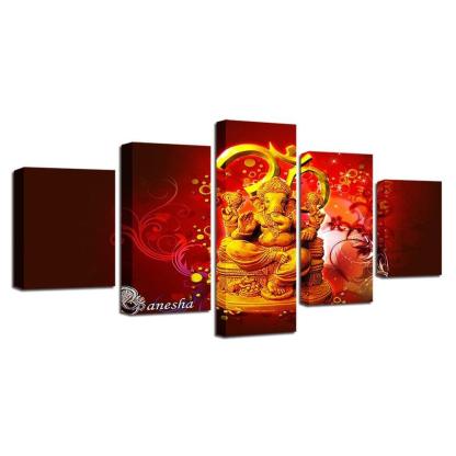 Hindu God Ganesha 5 Piece HD Multi Panel Canvas Wall Art Frame-Original Frame