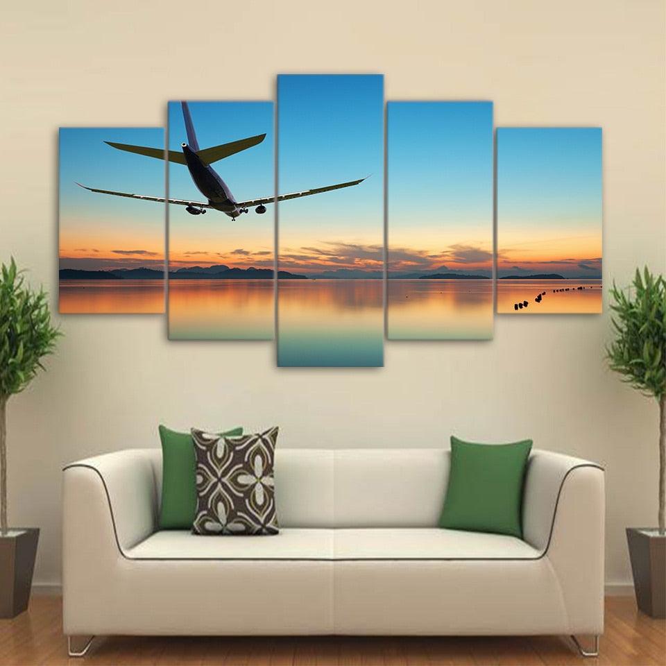 Airplane Sunset 5 Piece HD Multi Panel Canvas Wall Art Frame-Original Frame