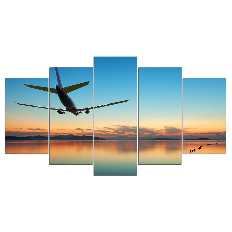 Airplane Sunset 5 Piece HD Multi Panel Canvas Wall Art Frame-Original Frame