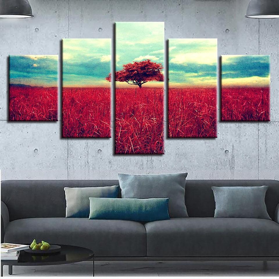 Red Tree & Grasslands 5 Piece HD Multi Panel Canvas Wall Art Frame-Original Frame