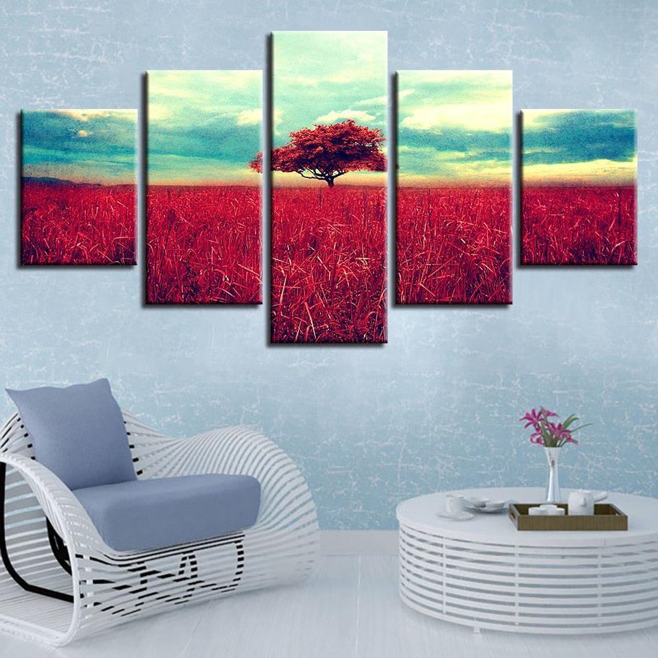 Red Tree & Grasslands 5 Piece HD Multi Panel Canvas Wall Art Frame-Original Frame