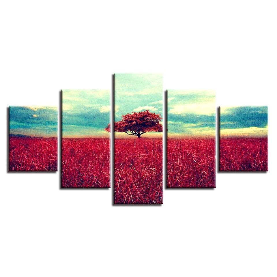 Red Tree & Grasslands 5 Piece HD Multi Panel Canvas Wall Art Frame-Original Frame