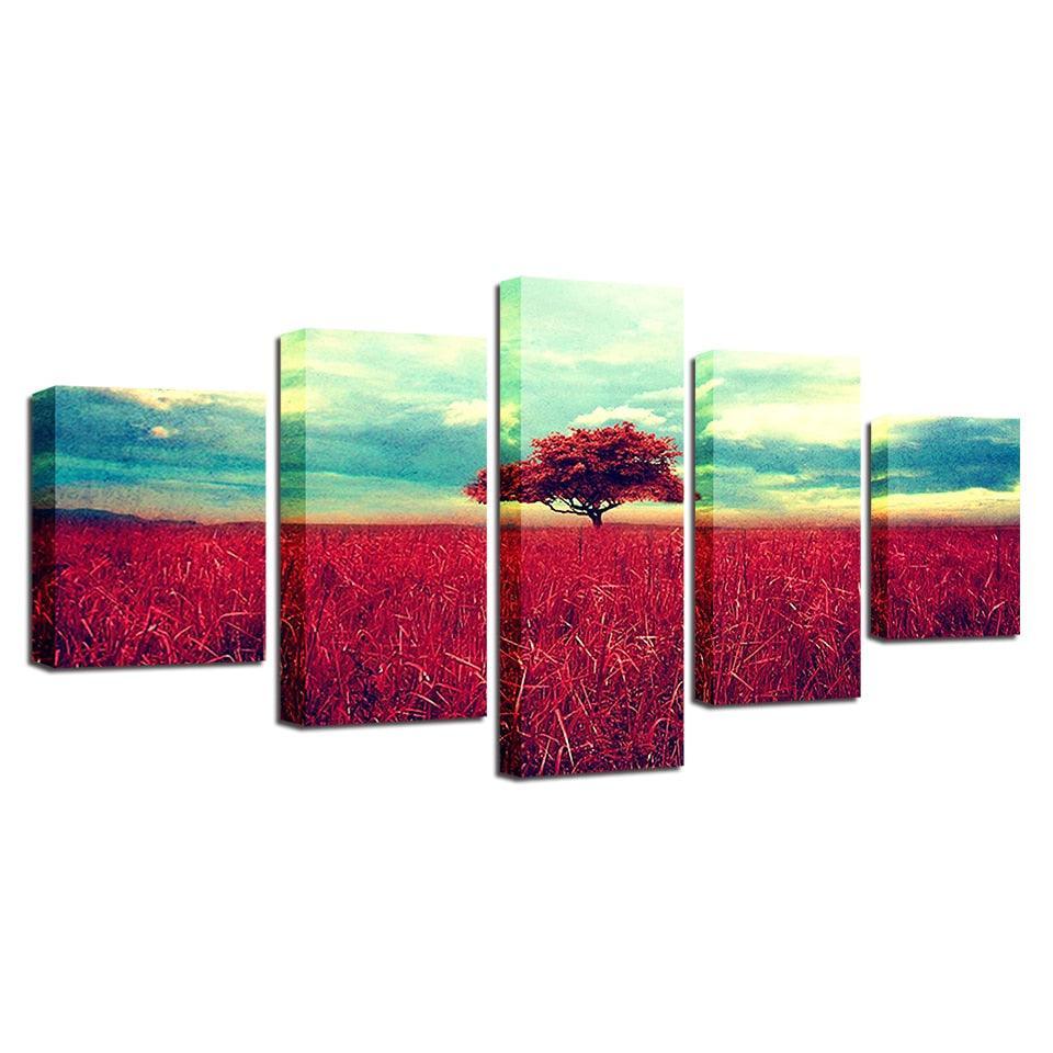 Red Tree & Grasslands 5 Piece HD Multi Panel Canvas Wall Art Frame-Original Frame