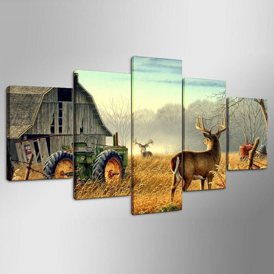 Whitetail Deer 5 Piece HD Multi Panel Canvas Wall Art Frame-Original Frame