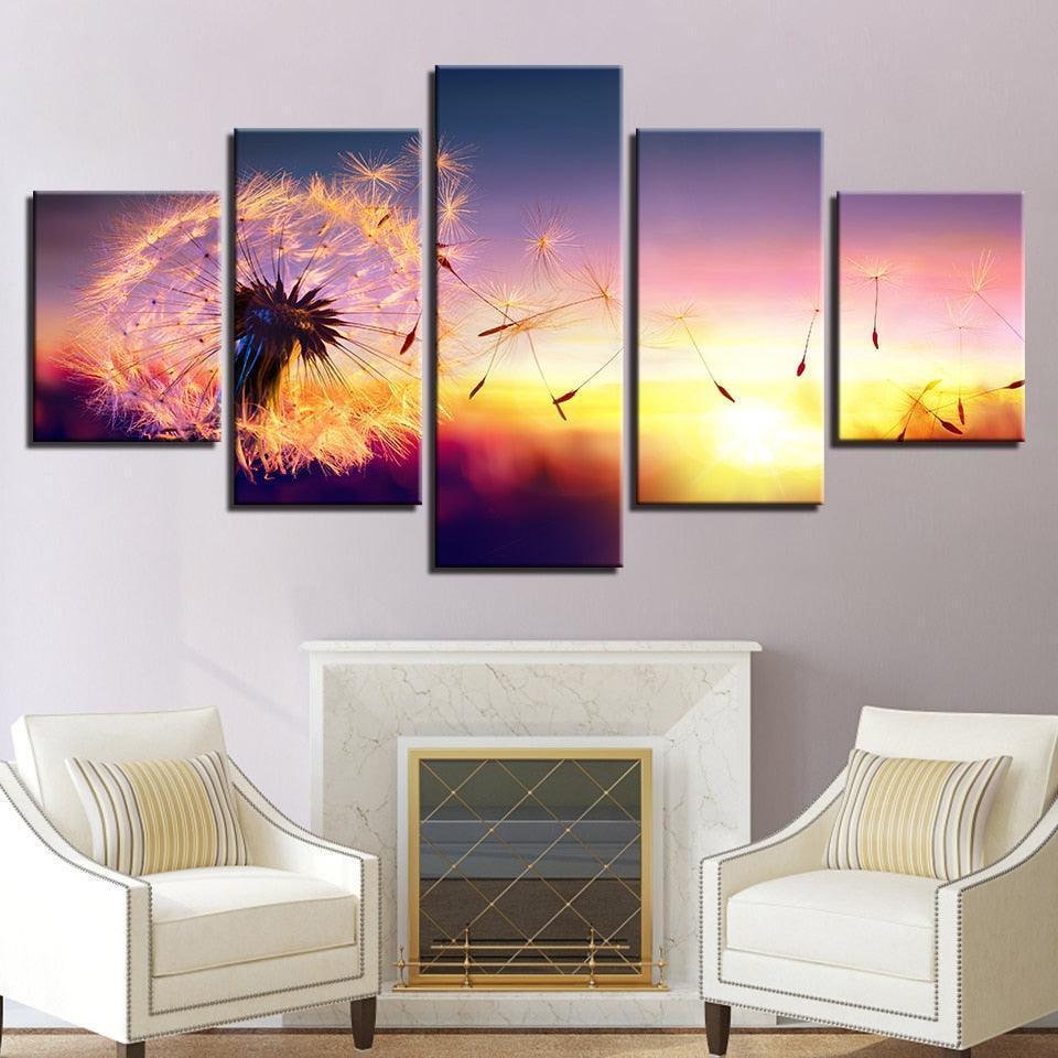 Dandelion In Sunset 5 Piece HD Multi Panel Canvas Wall Art Frame-Original Frame