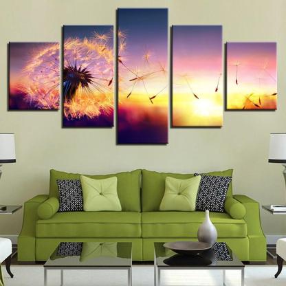 Dandelion In Sunset 5 Piece HD Multi Panel Canvas Wall Art Frame-Original Frame