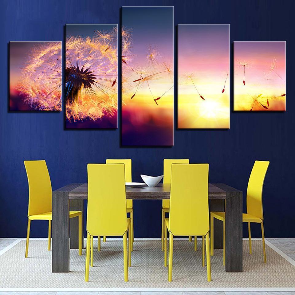 Dandelion In Sunset 5 Piece HD Multi Panel Canvas Wall Art Frame-Original Frame
