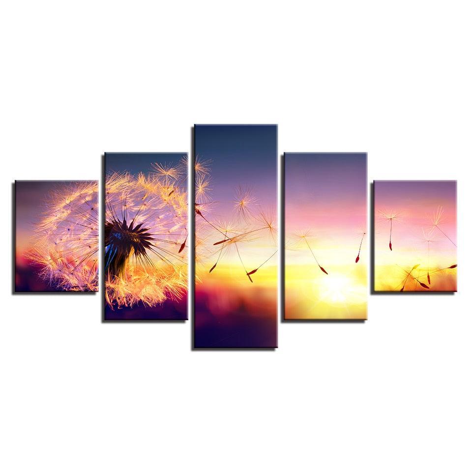 Dandelion In Sunset 5 Piece HD Multi Panel Canvas Wall Art Frame-Original Frame