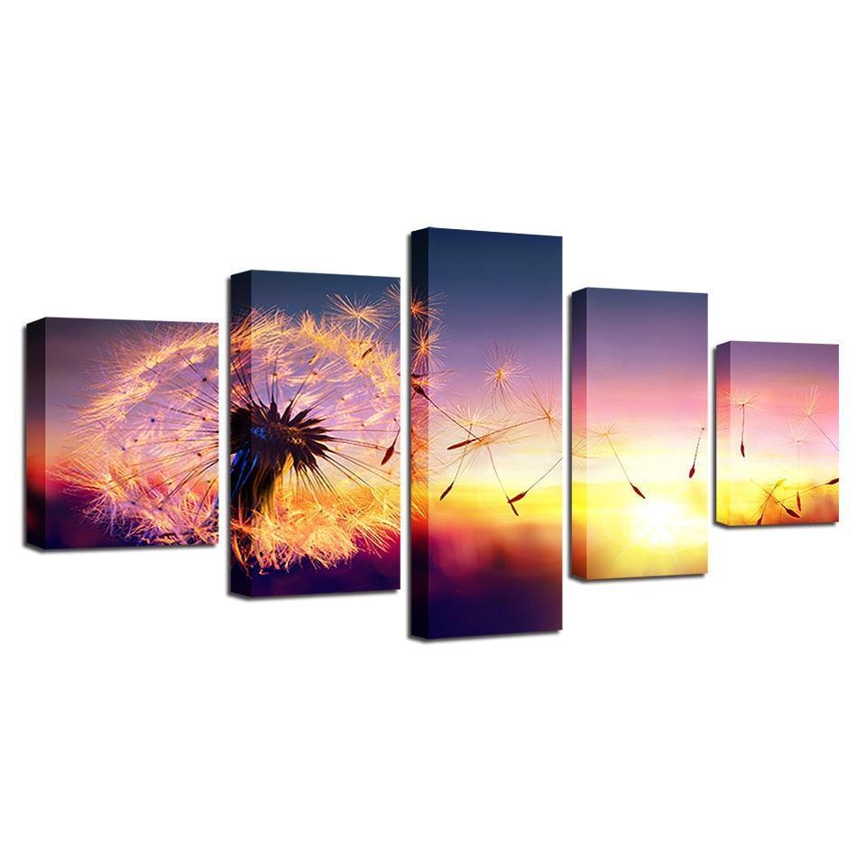Dandelion In Sunset 5 Piece HD Multi Panel Canvas Wall Art Frame-Original Frame