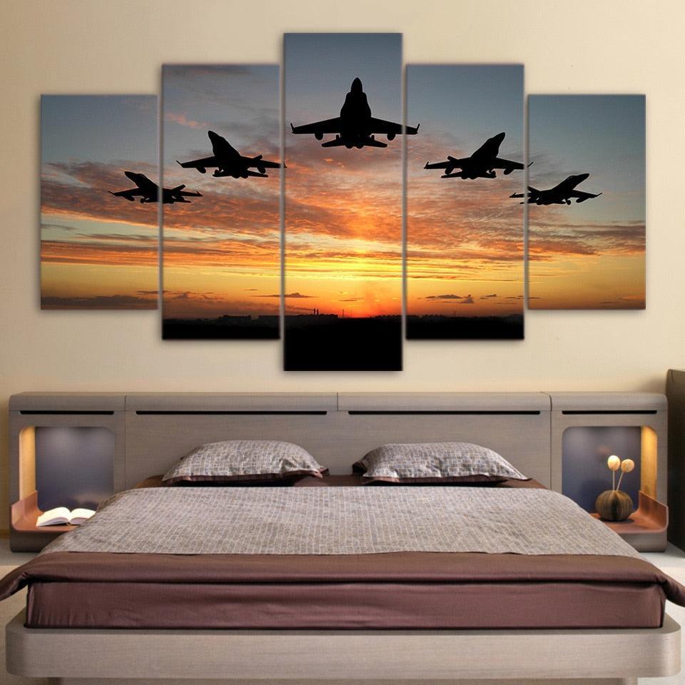 Flying Airplanes Sunset 5 Piece HD Multi Panel Canvas Wall Art Frame-Original Frame