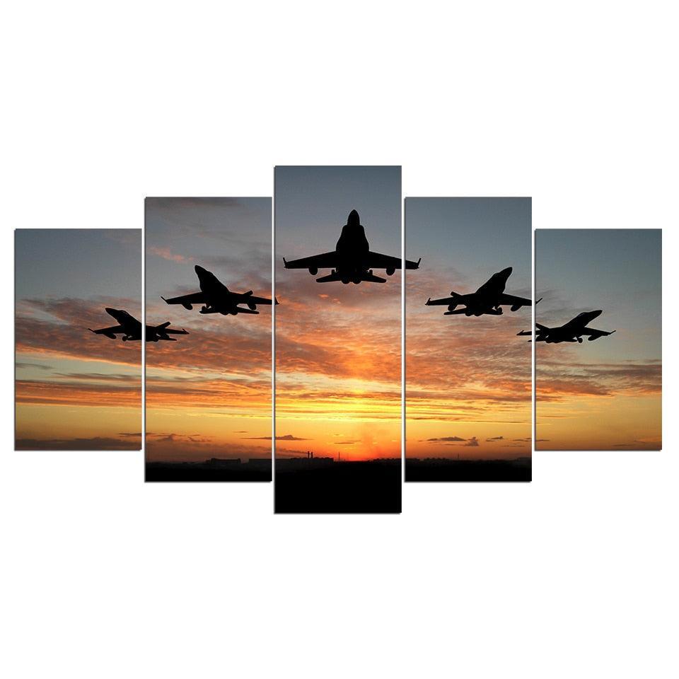 Flying Airplanes Sunset 5 Piece HD Multi Panel Canvas Wall Art Frame-Original Frame