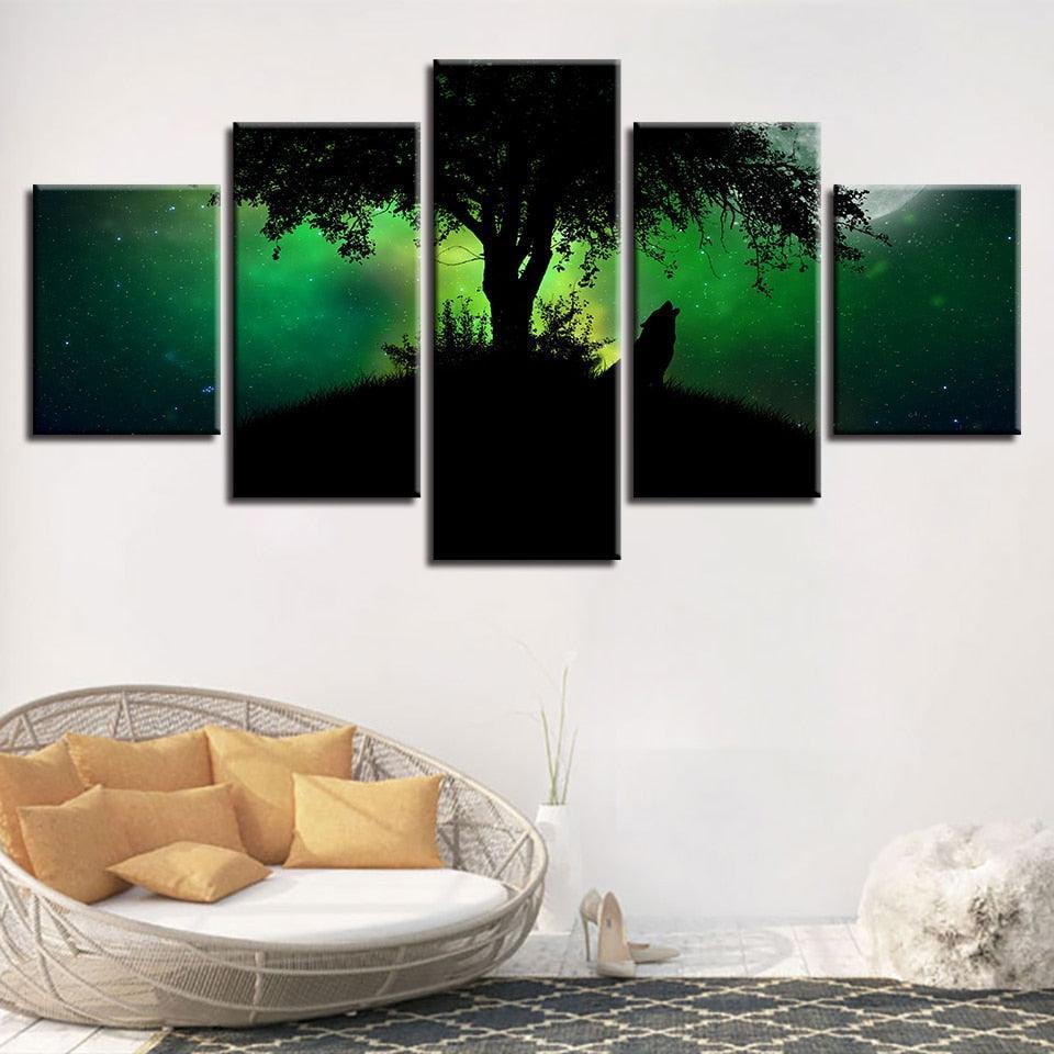 Green Forest Night Wolf Howl 5 Piece HD Multi Panel Canvas Wall Art Frame-Original Frame