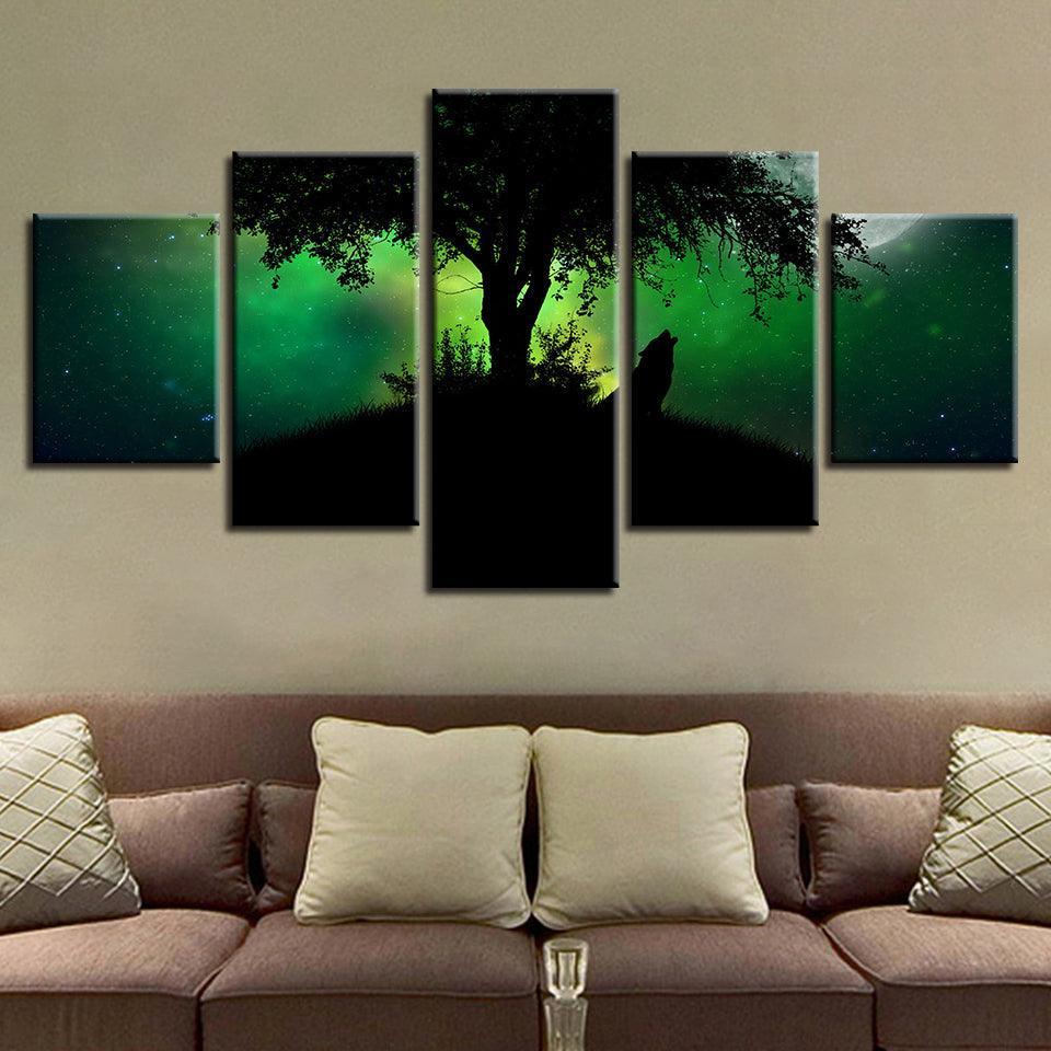 Green Forest Night Wolf Howl 5 Piece HD Multi Panel Canvas Wall Art Frame-Original Frame