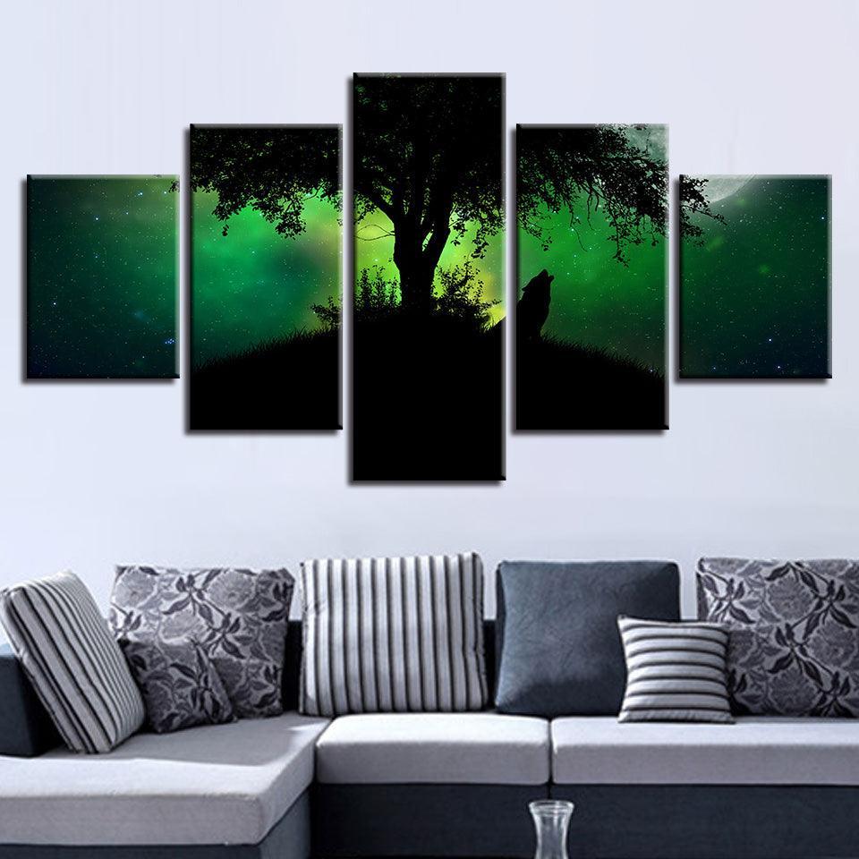 Green Forest Night Wolf Howl 5 Piece HD Multi Panel Canvas Wall Art Frame-Original Frame