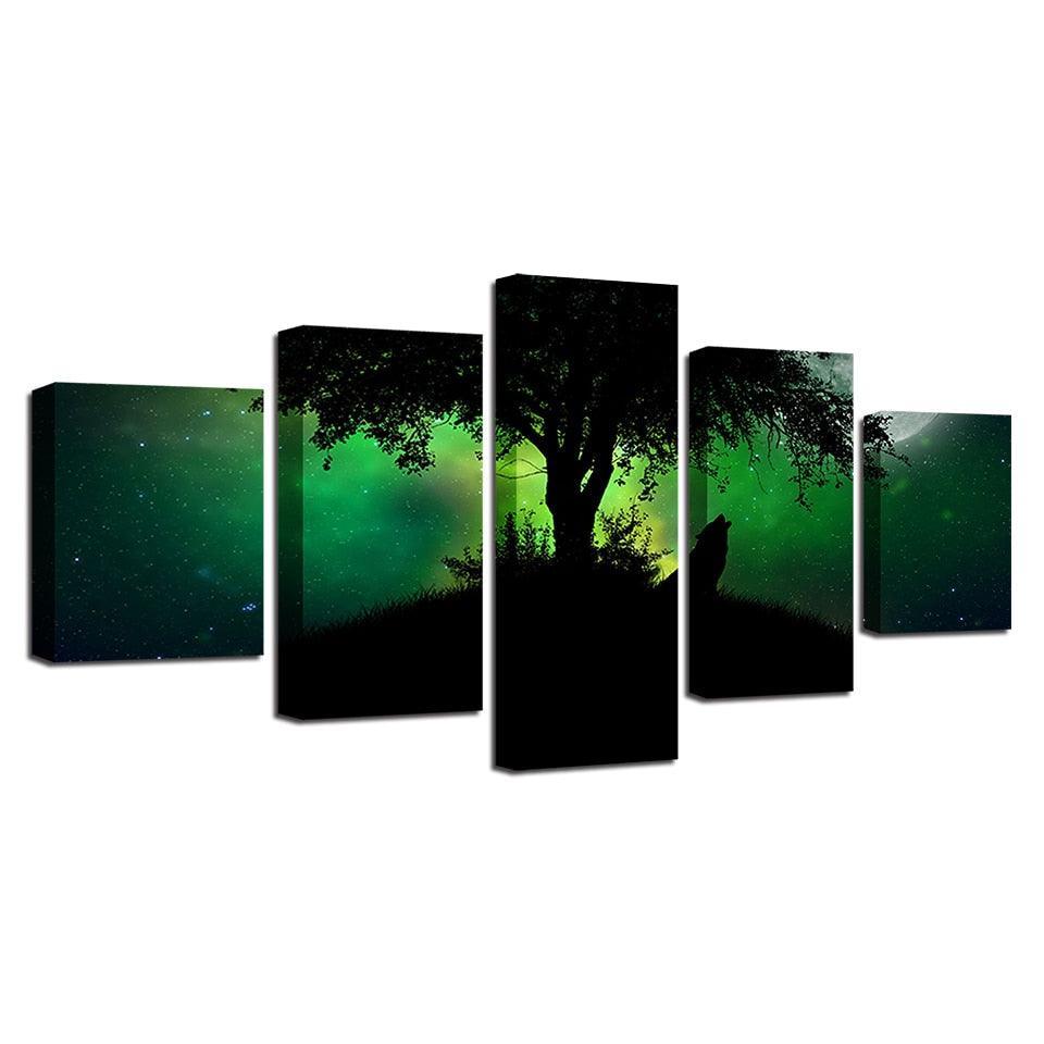 Green Forest Night Wolf Howl 5 Piece HD Multi Panel Canvas Wall Art Frame-Original Frame