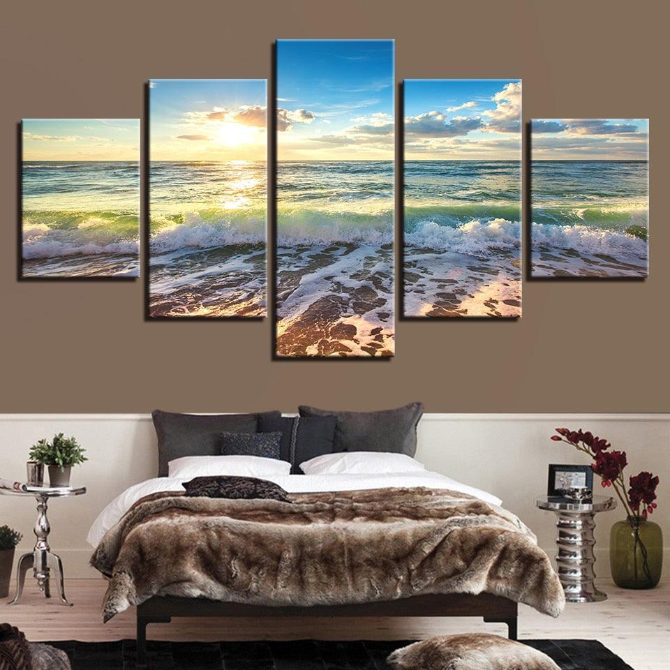 Sunshine Beach Waves 5 Piece HD Multi Panel Canvas Wall Art Frame-Original Frame