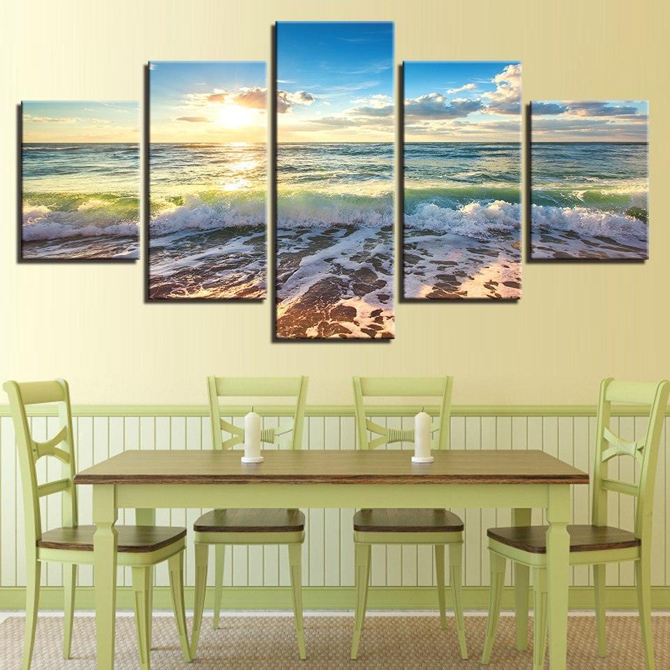 Sunshine Beach Waves 5 Piece HD Multi Panel Canvas Wall Art Frame-Original Frame