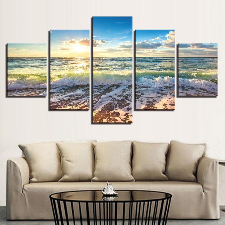 Sunshine Beach Waves 5 Piece HD Multi Panel Canvas Wall Art Frame-Original Frame