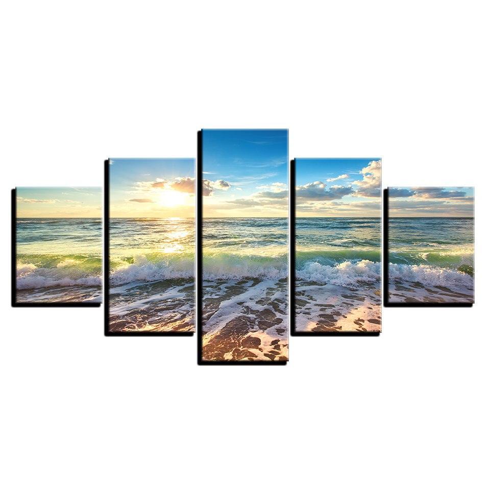 Sunshine Beach Waves 5 Piece HD Multi Panel Canvas Wall Art Frame-Original Frame