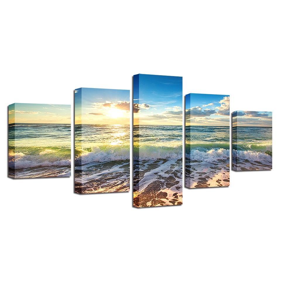 Sunshine Beach Waves 5 Piece HD Multi Panel Canvas Wall Art Frame-Original Frame