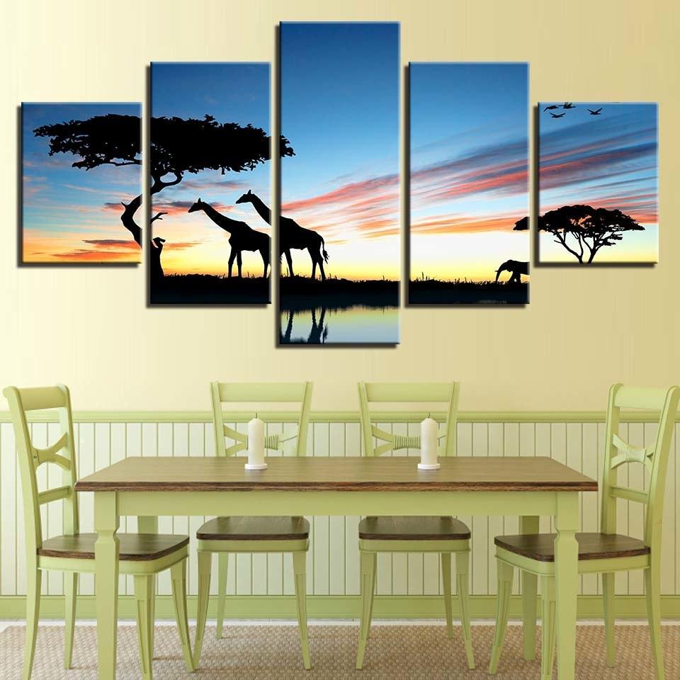 African Animal Giraffe 5 Piece HD Multi Panel Canvas Wall Art Frame-Original Frame
