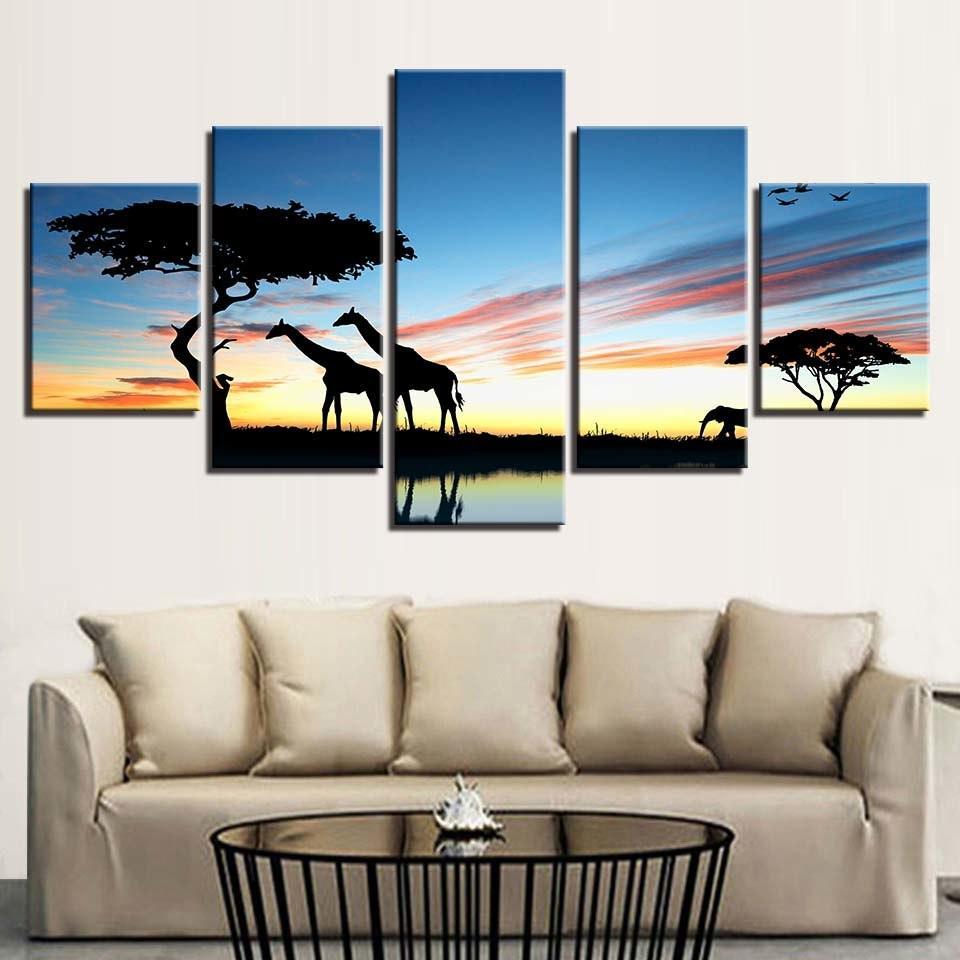 African Animal Giraffe 5 Piece HD Multi Panel Canvas Wall Art Frame-Original Frame