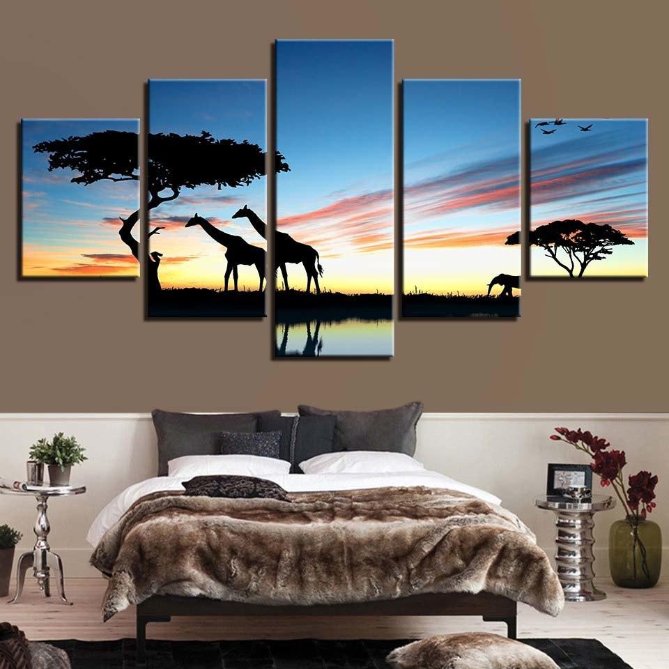 African Animal Giraffe 5 Piece HD Multi Panel Canvas Wall Art Frame-Original Frame