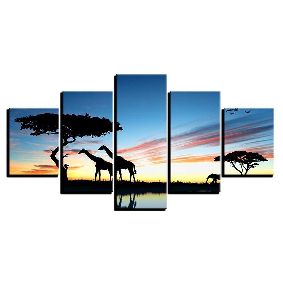 African Animal Giraffe 5 Piece HD Multi Panel Canvas Wall Art Frame-Original Frame