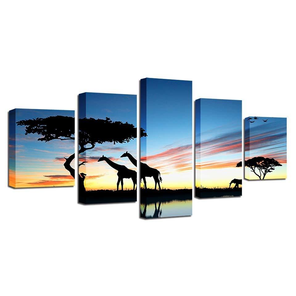 African Animal Giraffe 5 Piece HD Multi Panel Canvas Wall Art Frame-Original Frame