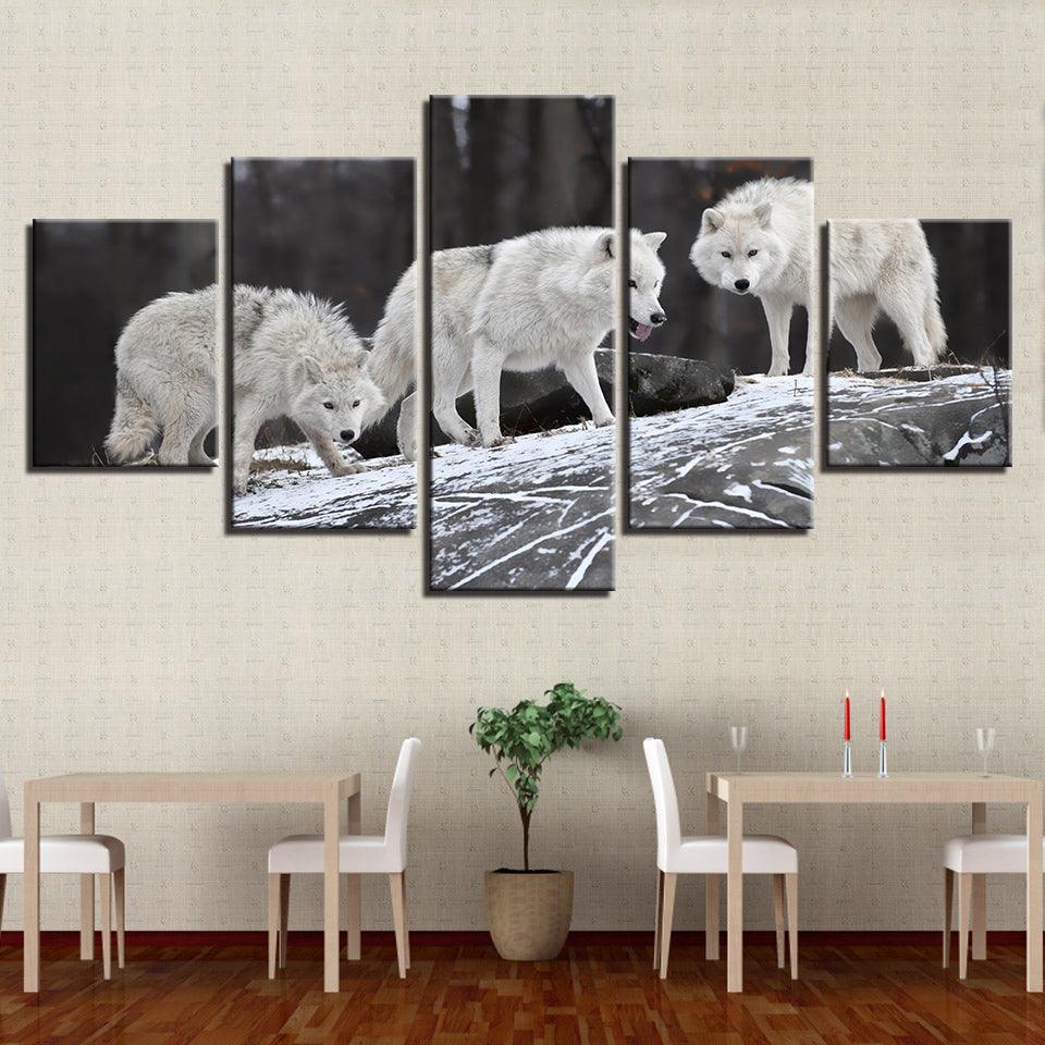 White Wolfs 5 Piece HD Multi Panel Canvas Wall Art Frame-Original Frame