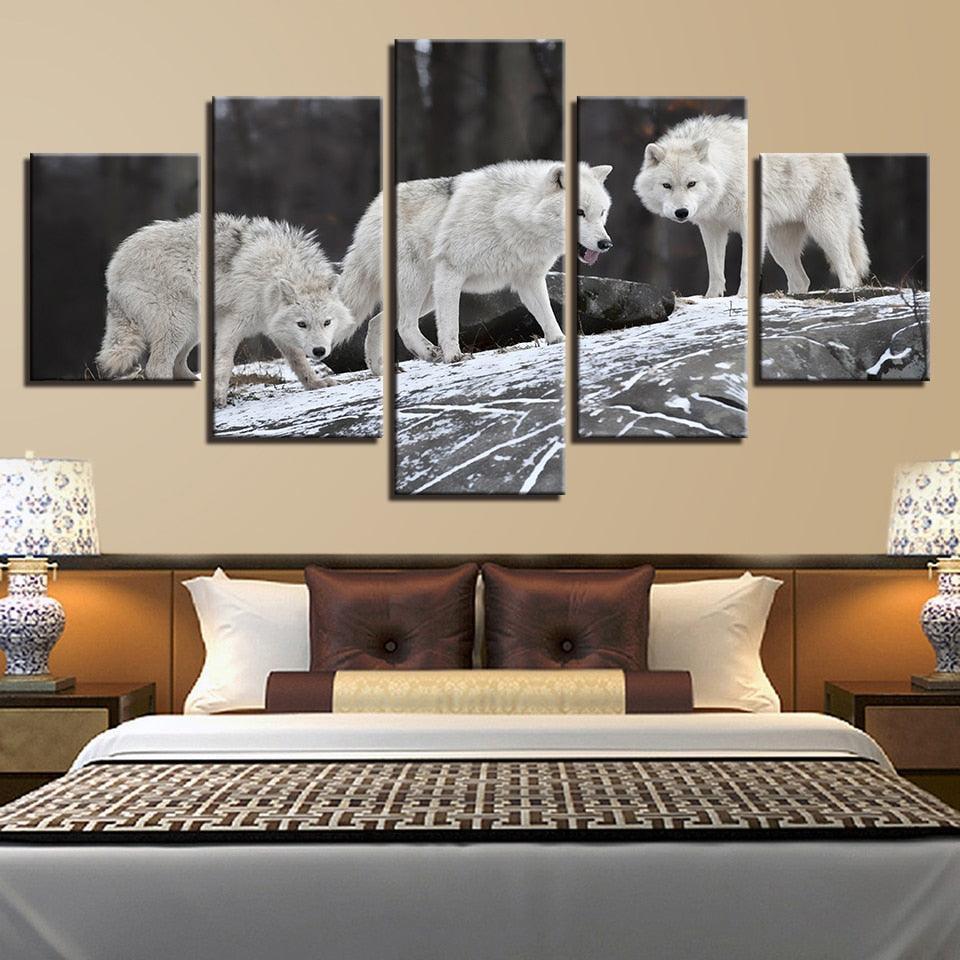White Wolfs 5 Piece HD Multi Panel Canvas Wall Art Frame-Original Frame